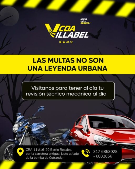 👻 ¡Atención conductores! Las multas por técnico mecánica vencida no son una leyenda urbana.
Visítanos y mantén tu revisión al día en CDA Villabel.
📍Cra 11 #16-20 Barrio Rosales, junto a la bomba de Cotrander
📞 317 6853028 – 6832056