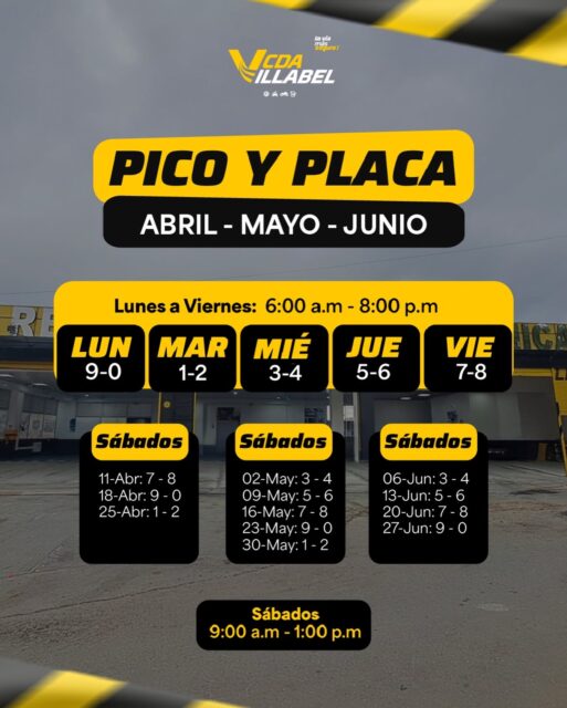 🚗 Pico y placa actualizado
Evita multas y sal tranquilo 🙌

✔️ Haz tu técnico mecánica con nosotros
✔️ Sin cita
✔️ Rápido