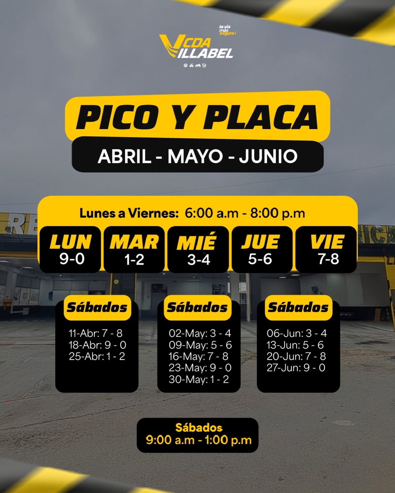 🚗 Pico y placa actualizado
Evita multas y sal tranquilo 🙌

✔️ Haz tu técnico mecánica con nosotros
✔️ Sin cita
✔️ Rápido