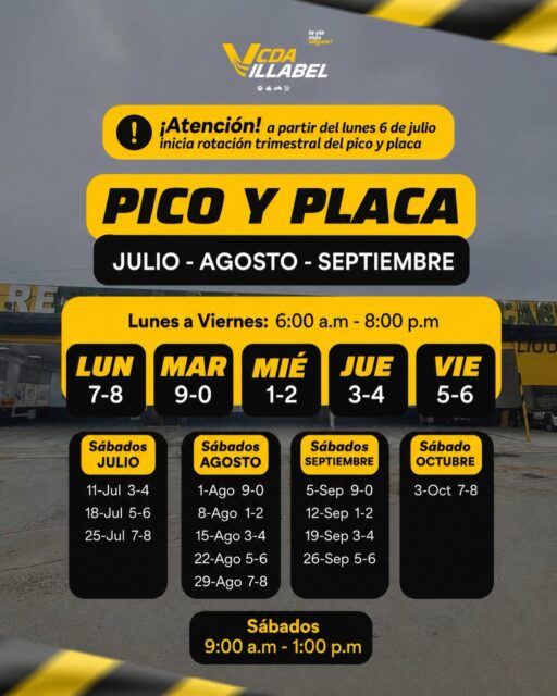 🚦 ¡Que el pico y placa no te tome por sorpresa!
Consulta la rotación vigente para julio, agosto y septiembre y programa tus desplazamientos con tiempo. ⏰
En CDA VILLABEL trabajamos para que tu vehículo esté en óptimas condiciones y cumplas con todos los requisitos para circular con seguridad.
📍 Te esperamos.