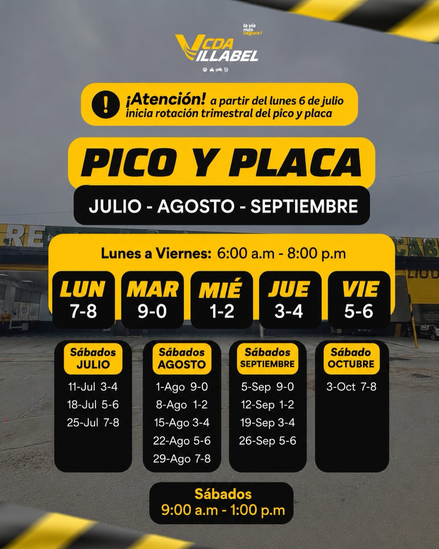 🚦 ¡Que el pico y placa no te tome por sorpresa!
Consulta la rotación vigente para julio, agosto y septiembre y programa tus desplazamientos con tiempo. ⏰
En CDA VILLABEL trabajamos para que tu vehículo esté en óptimas condiciones y cumplas con todos los requisitos para circular con seguridad.
📍 Te esperamos.