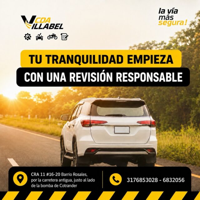 🚗✨ Tu tranquilidad empieza con una revisión responsable.
No esperes a que un pequeño detalle se convierta en un gran problema. En CDA Villabel realizamos la Revisión Técnico-Mecánica con el compromiso, la calidad y la confianza que tu vehículo merece.
📍 Visítanos en Cra. 11 #16-20, Barrio Rosales, por la carretera antigua, al lado de la bomba de Cotrander.
📲 317 685 3028
☎️ 683 20 56
¡Conduce con la tranquilidad de saber que tu vehículo está en las mejores manos! 💛🖤