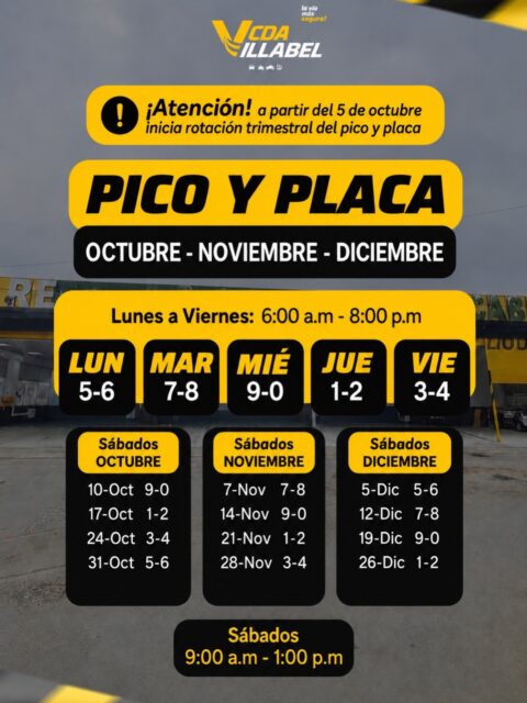 🚨 ¡Ojo con la nueva rotación del Pico y Placa!
A partir del 5 de octubre cambia nuevamente la programación trimestral en Bucaramanga.
Antes de salir, revisa qué placas tienen restricción y organiza tu semana con tiempo. 🚗🏍️
📌 Recuerda que los sábados también aplica una rotación especial de placas, así que guarda esta publicación para consultarla cuando la necesites.
En CDA Villabel te ayudamos a mantener tu vehículo al día y listo para seguir rodando. ✅