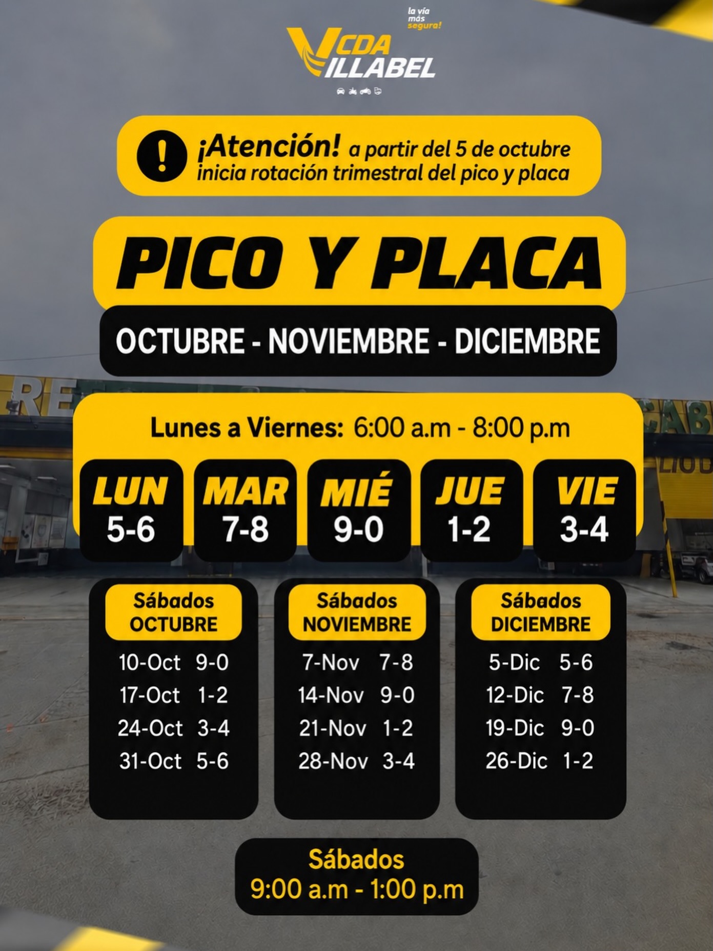 🚨 ¡Ojo con la nueva rotación del Pico y Placa!
A partir del 5 de octubre cambia nuevamente la programación trimestral en Bucaramanga.
Antes de salir, revisa qué placas tienen restricción y organiza tu semana con tiempo. 🚗🏍️
📌 Recuerda que los sábados también aplica una rotación especial de placas, así que guarda esta publicación para consultarla cuando la necesites.
En CDA Villabel te ayudamos a mantener tu vehículo al día y listo para seguir rodando. ✅